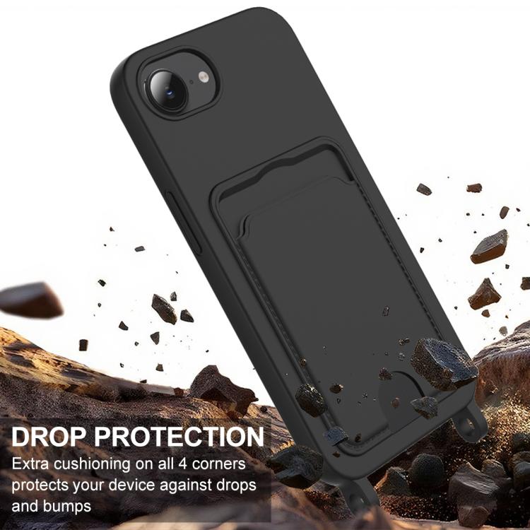 For iPhone 17e / 16e Integrated Card Bag Solid Color Liquid Silicone Phone Case Gen2 with Short Lanyard