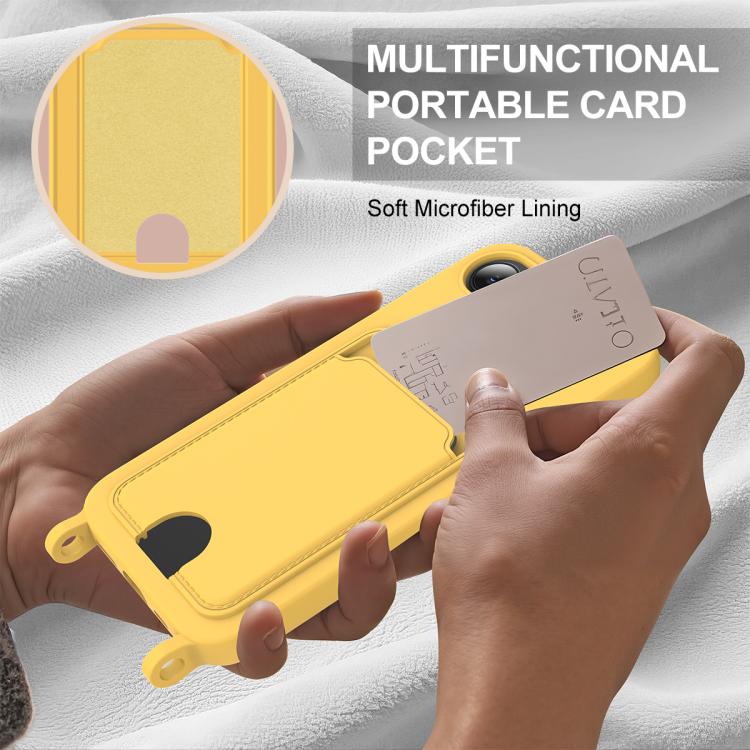 For iPhone 17e / 16e Integrated Card Bag Solid Color Liquid Silicone Phone Case Gen2 with Short Lanyard