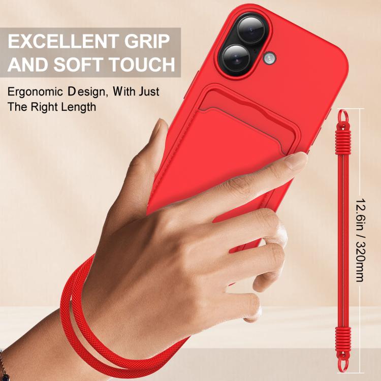 For iPhone 16 Integrated Card Bag Solid Color Liquid Silicone Phone Case Gen2 with Short Lanyard