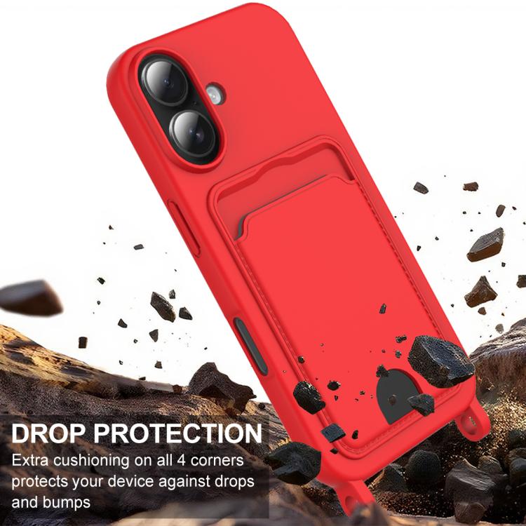 For iPhone 16 Integrated Card Bag Solid Color Liquid Silicone Phone Case Gen2 with Short Lanyard