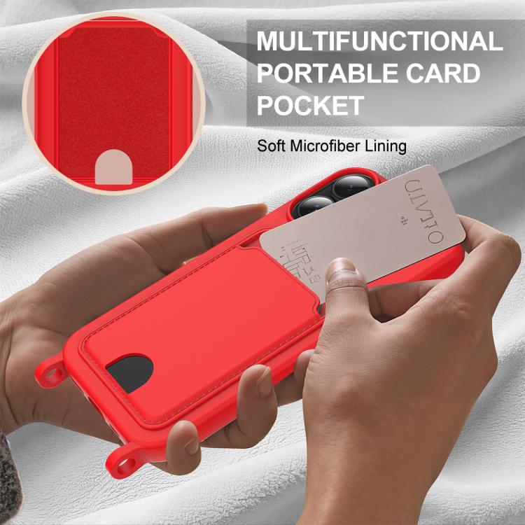 For iPhone 16 Integrated Card Bag Solid Color Liquid Silicone Phone Case Gen2 with Short Lanyard