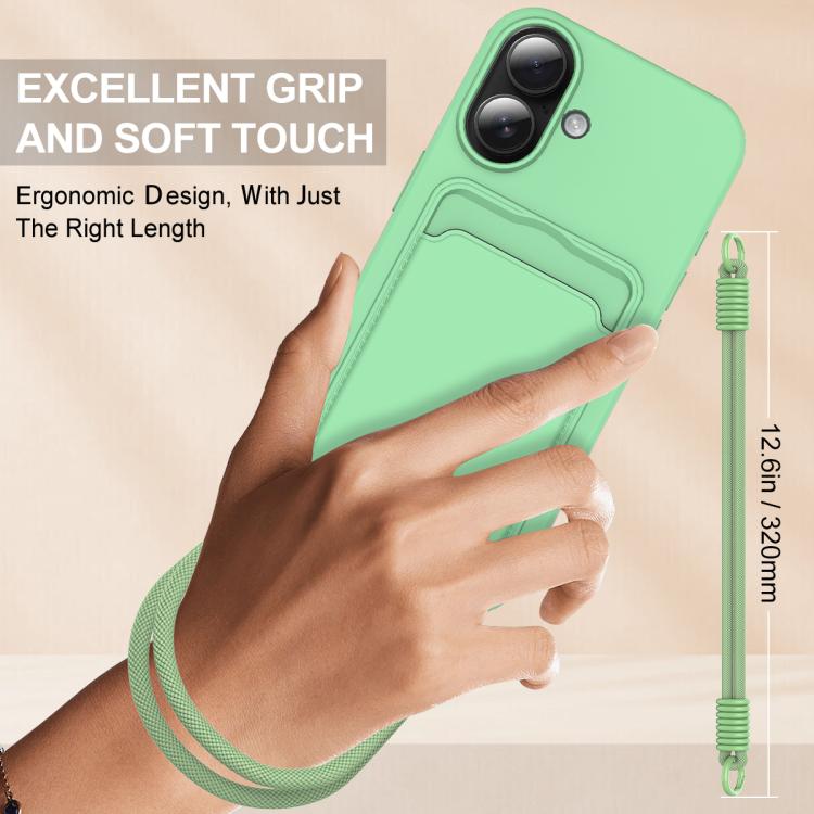 For iPhone 16 Integrated Card Bag Solid Color Liquid Silicone Phone Case Gen2 with Short Lanyard