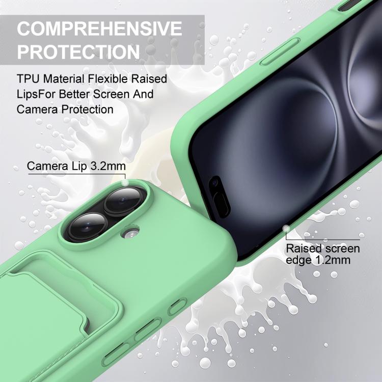 For iPhone 16 Integrated Card Bag Solid Color Liquid Silicone Phone Case Gen2 with Short Lanyard