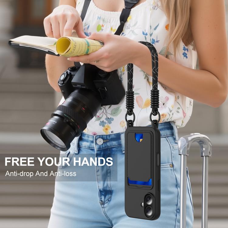 For iPhone 16 Integrated Card Bag Solid Color Liquid Silicone Phone Case Gen2 with Short Lanyard