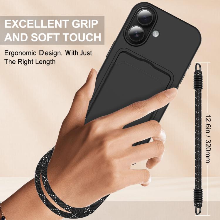 For iPhone 16 Integrated Card Bag Solid Color Liquid Silicone Phone Case Gen2 with Short Lanyard
