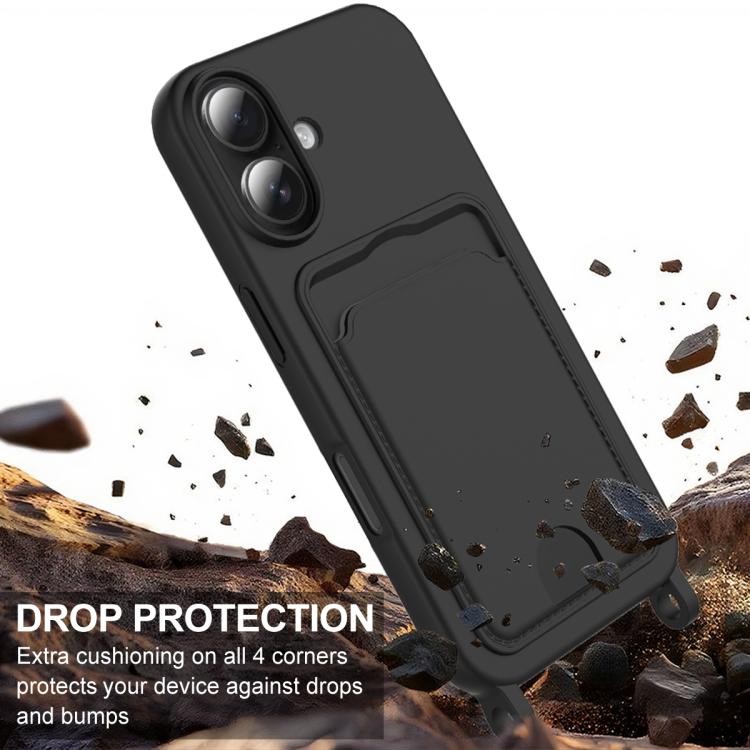 For iPhone 16 Integrated Card Bag Solid Color Liquid Silicone Phone Case Gen2 with Short Lanyard