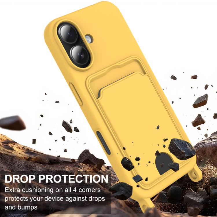 For iPhone 16 Integrated Card Bag Solid Color Liquid Silicone Phone Case Gen2 with Short Lanyard