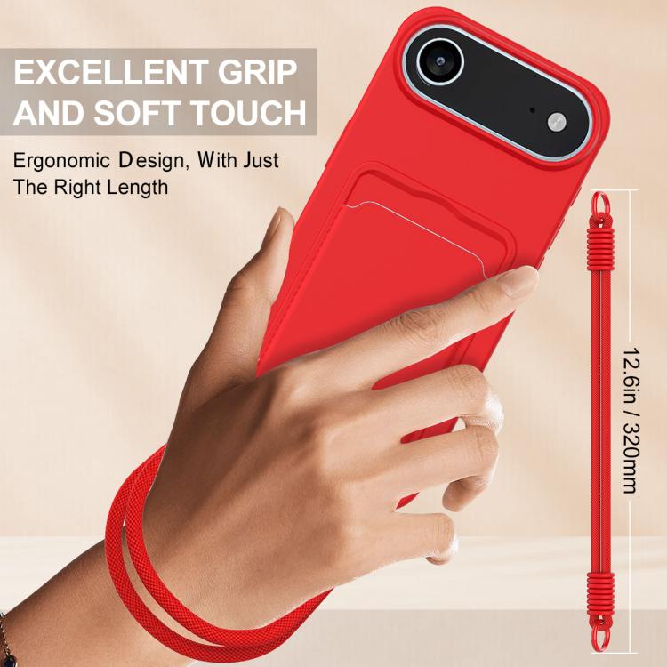 For iPhone Air Integrated Card Bag Solid Color Liquid Silicone Phone Case Gen2 with Short Lanyard
