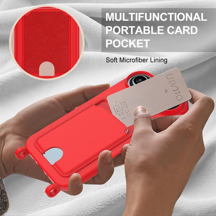 For iPhone Air Integrated Card Bag Solid Color Liquid Silicone Phone Case Gen2 with Short Lanyard