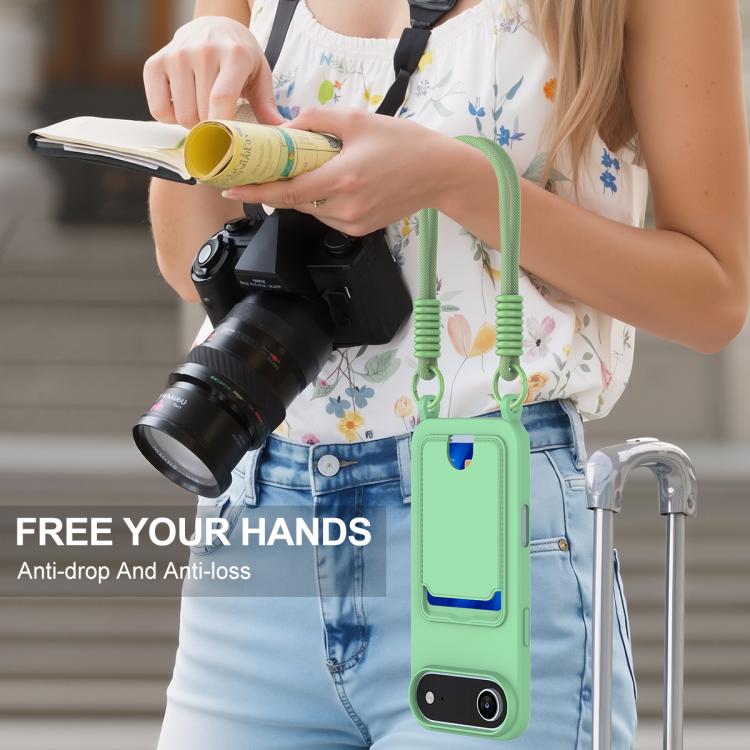 For iPhone Air Integrated Card Bag Solid Color Liquid Silicone Phone Case Gen2 with Short Lanyard