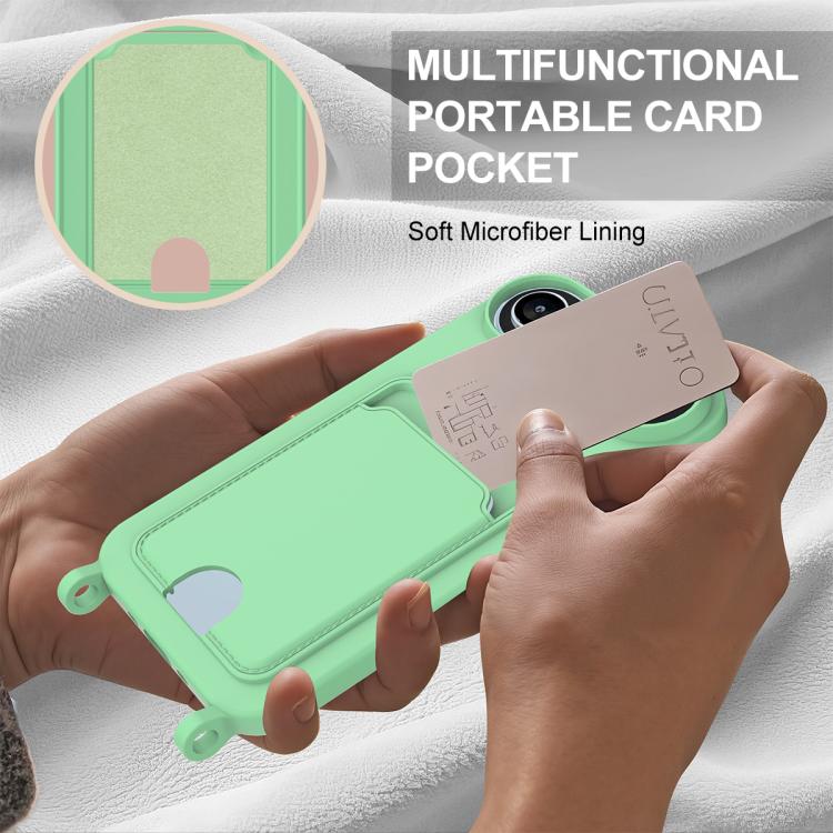 For iPhone Air Integrated Card Bag Solid Color Liquid Silicone Phone Case Gen2 with Short Lanyard