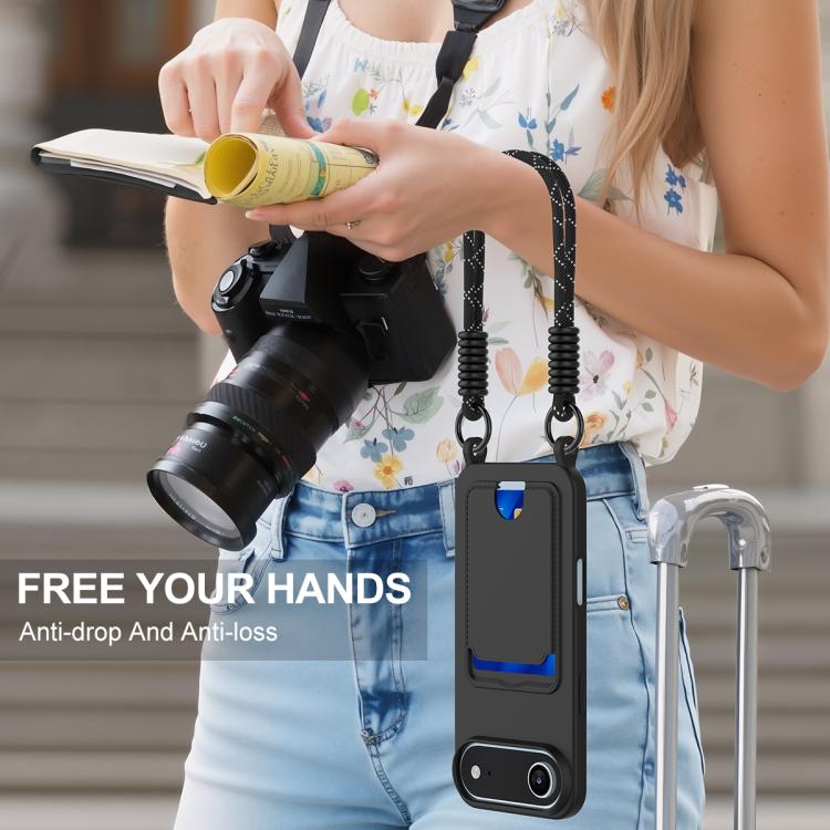 For iPhone Air Integrated Card Bag Solid Color Liquid Silicone Phone Case Gen2 with Short Lanyard