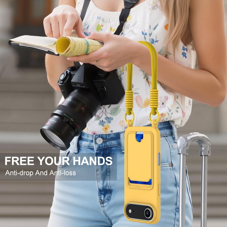 For iPhone Air Integrated Card Bag Solid Color Liquid Silicone Phone Case Gen2 with Short Lanyard
