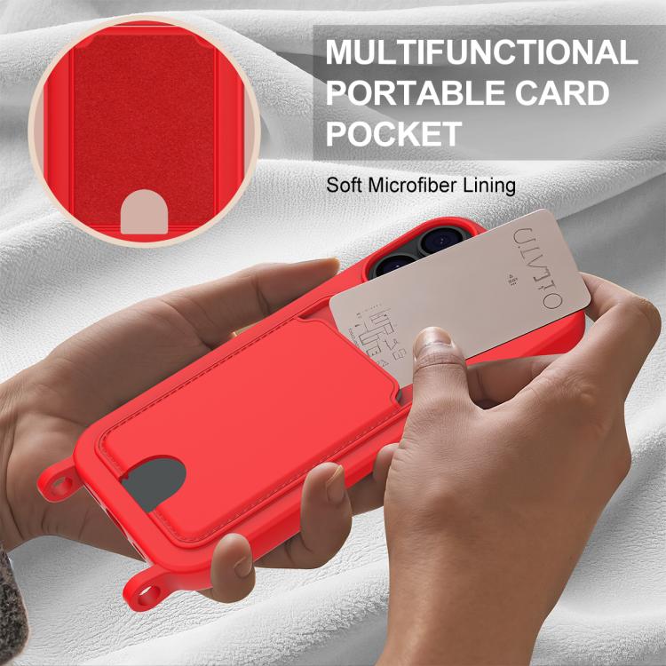 For iPhone 17 Integrated Card Bag Solid Color Liquid Silicone Phone Case Gen2 with Short Lanyard