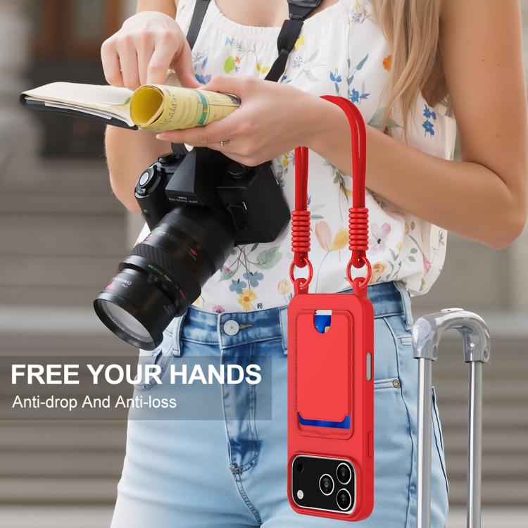 For iPhone 17 Pro Integrated Card Bag Solid Color Liquid Silicone Phone Case Gen2 with Short Lanyard