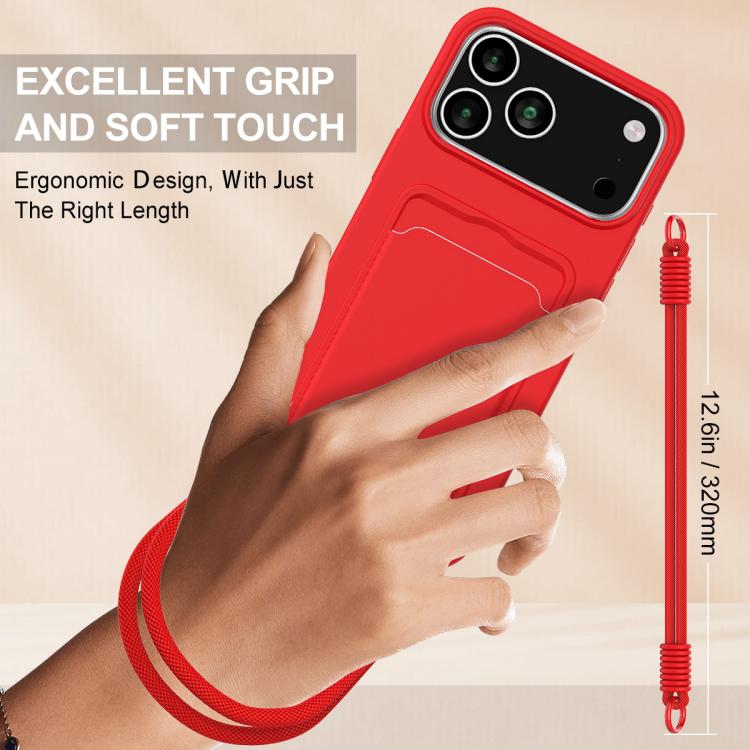 For iPhone 17 Pro Integrated Card Bag Solid Color Liquid Silicone Phone Case Gen2 with Short Lanyard