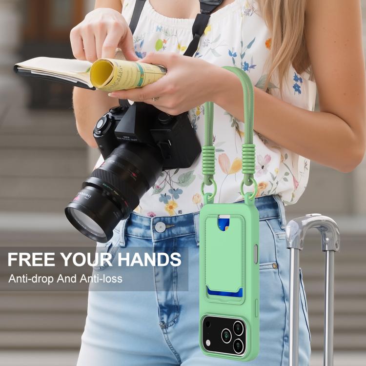 For iPhone 17 Pro Integrated Card Bag Solid Color Liquid Silicone Phone Case Gen2 with Short Lanyard