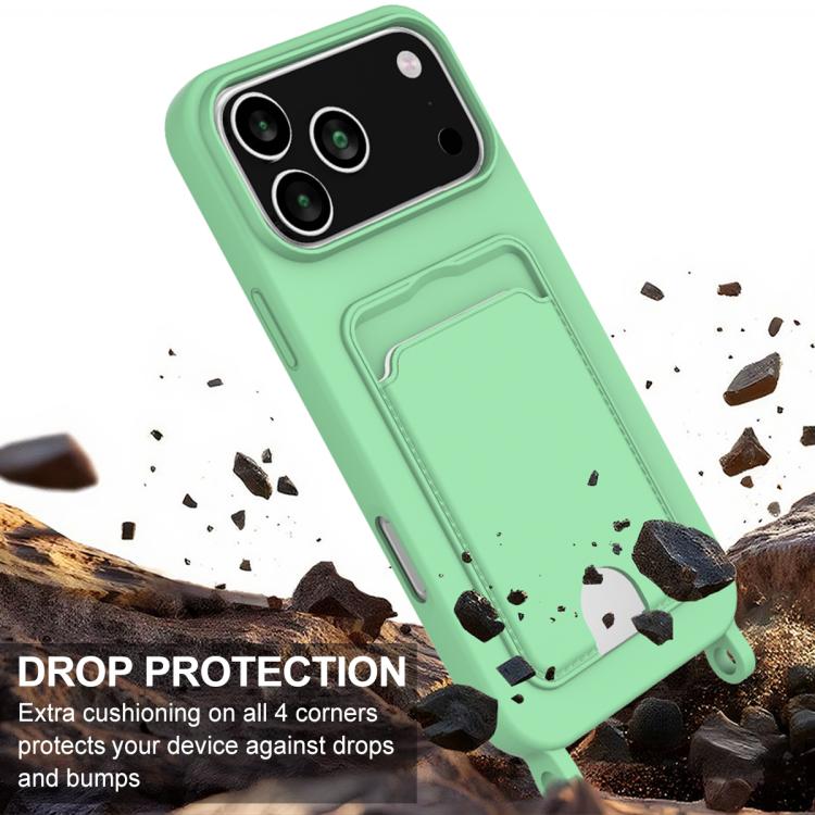 For iPhone 17 Pro Integrated Card Bag Solid Color Liquid Silicone Phone Case Gen2 with Short Lanyard