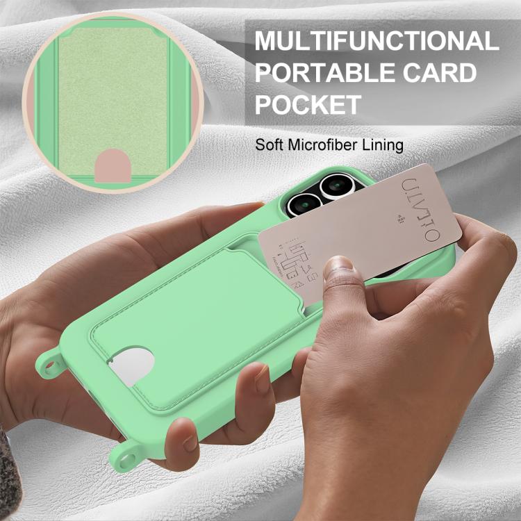 For iPhone 17 Pro Integrated Card Bag Solid Color Liquid Silicone Phone Case Gen2 with Short Lanyard