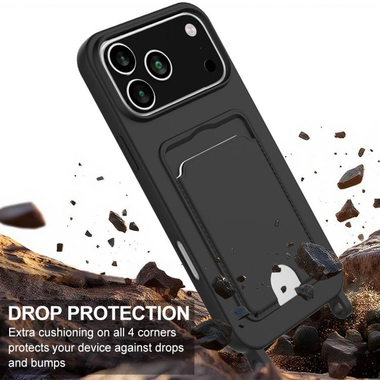 For iPhone 17 Pro Integrated Card Bag Solid Color Liquid Silicone Phone Case Gen2 with Short Lanyard
