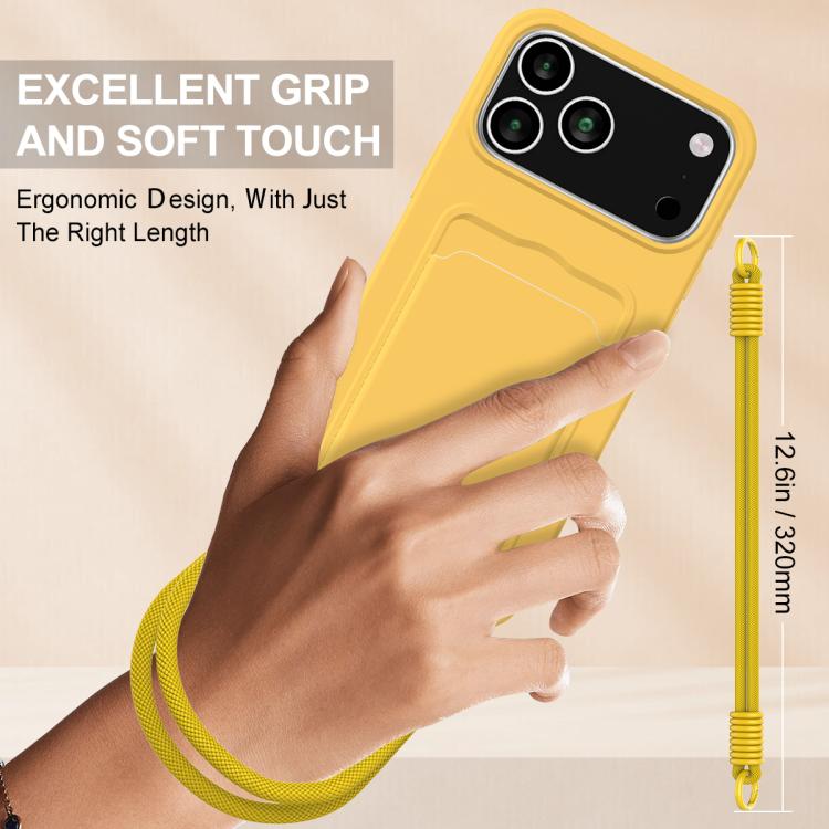 For iPhone 17 Pro Integrated Card Bag Solid Color Liquid Silicone Phone Case Gen2 with Short Lanyard