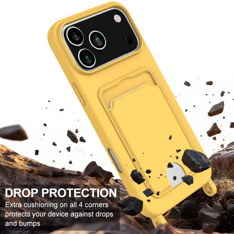 For iPhone 17 Pro Integrated Card Bag Solid Color Liquid Silicone Phone Case Gen2 with Short Lanyard