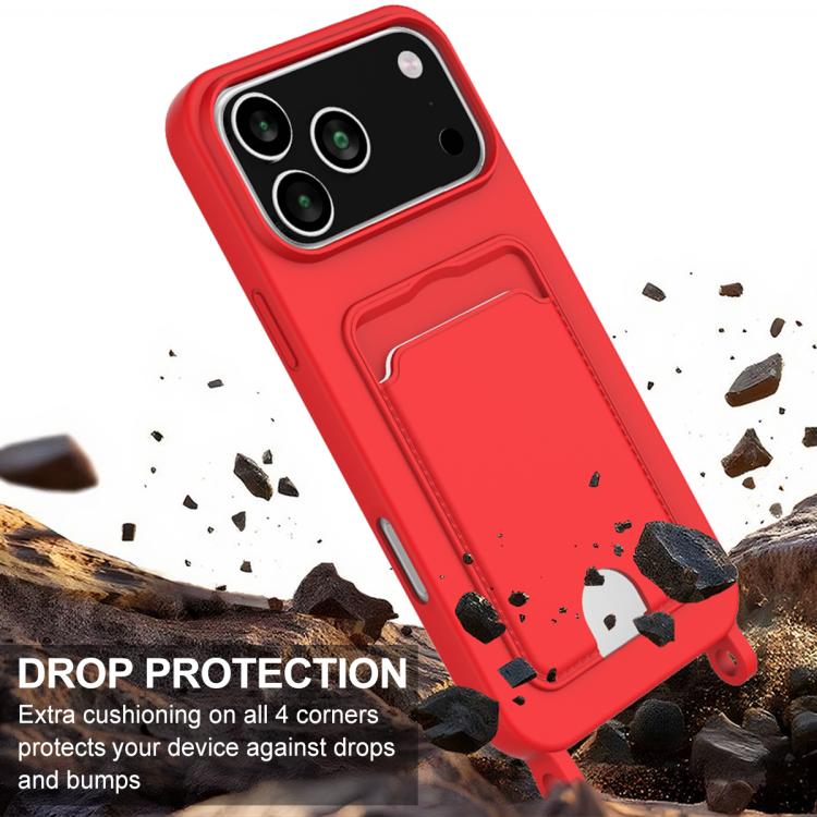 For iPhone 17 Pro Max Integrated Card Bag Solid Color Liquid Silicone Phone Case Gen2 with Short Lanyard