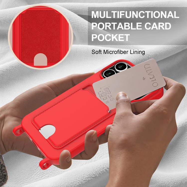 For iPhone 17 Pro Max Integrated Card Bag Solid Color Liquid Silicone Phone Case Gen2 with Short Lanyard
