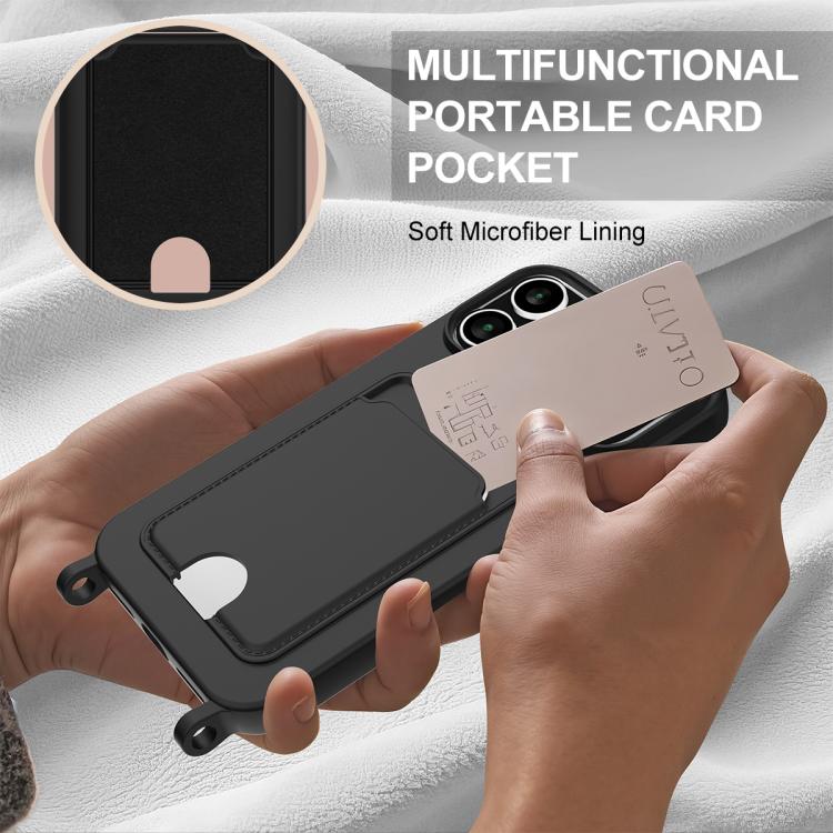 For iPhone 17 Pro Max Integrated Card Bag Solid Color Liquid Silicone Phone Case Gen2 with Short Lanyard