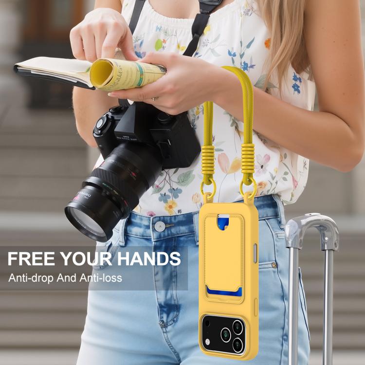 For iPhone 17 Pro Max Integrated Card Bag Solid Color Liquid Silicone Phone Case Gen2 with Short Lanyard