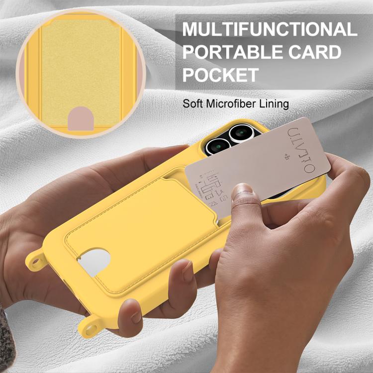 For iPhone 17 Pro Max Integrated Card Bag Solid Color Liquid Silicone Phone Case Gen2 with Short Lanyard