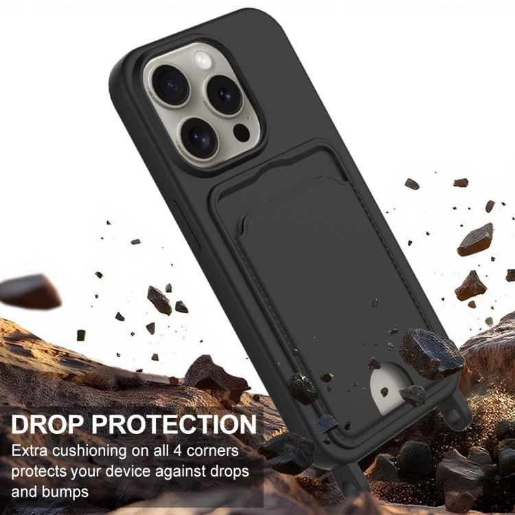 For iPhone 15 Pro Integrated Card Bag Solid Color Liquid Silicone Phone Case Gen2 with Short Lanyard