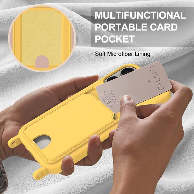 For iPhone 15 Pro Integrated Card Bag Solid Color Liquid Silicone Phone Case Gen2 with Short Lanyard