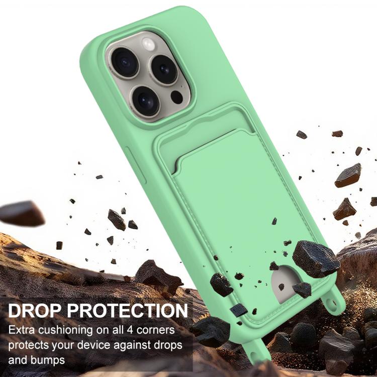 For iPhone 16 Pro Integrated Card Bag Solid Color Liquid Silicone Phone Case Gen2 with Short Lanyard