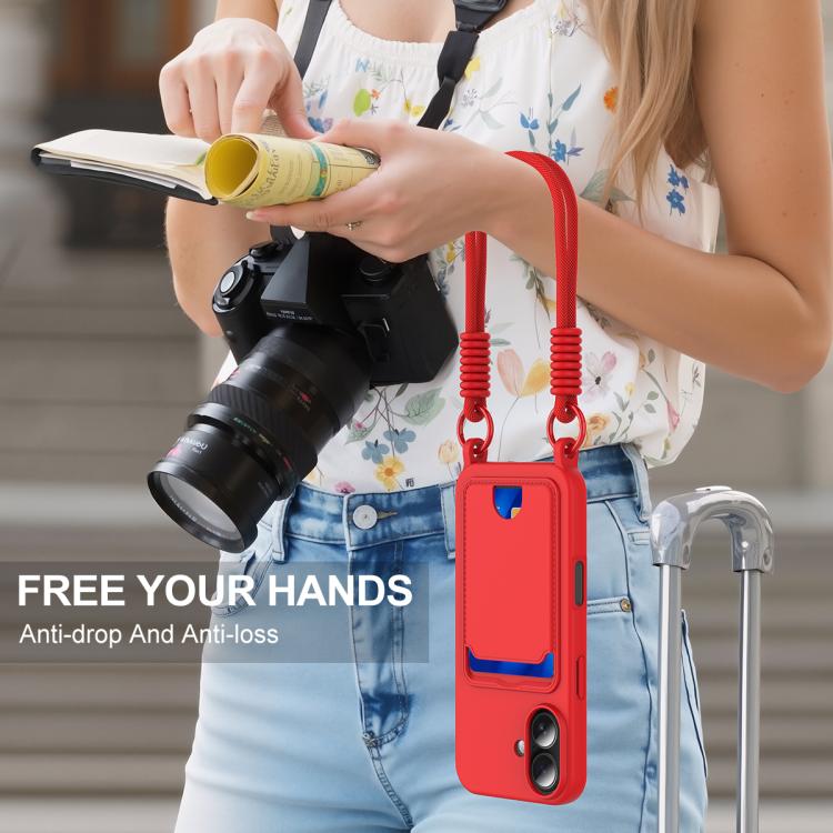 For iPhone 16 Plus Integrated Card Bag Solid Color Liquid Silicone Phone Case Gen2 with Short Lanyard