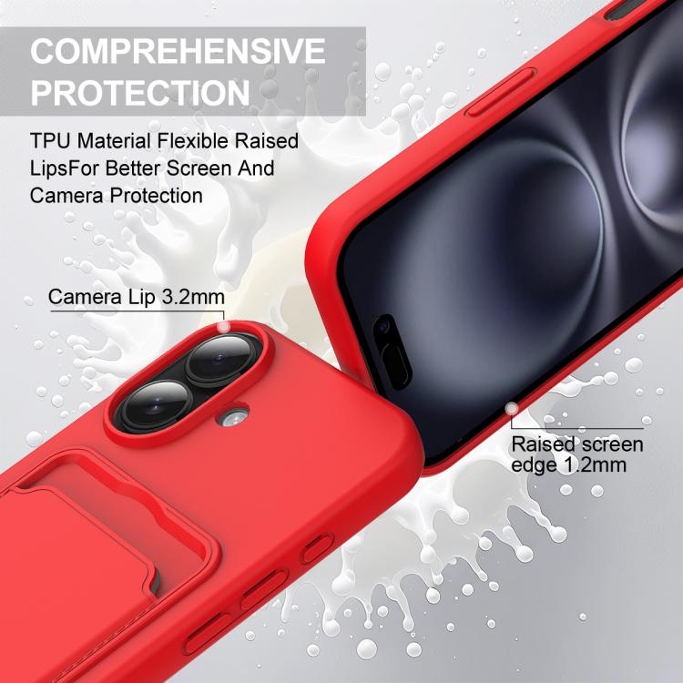 For iPhone 16 Plus Integrated Card Bag Solid Color Liquid Silicone Phone Case Gen2 with Short Lanyard