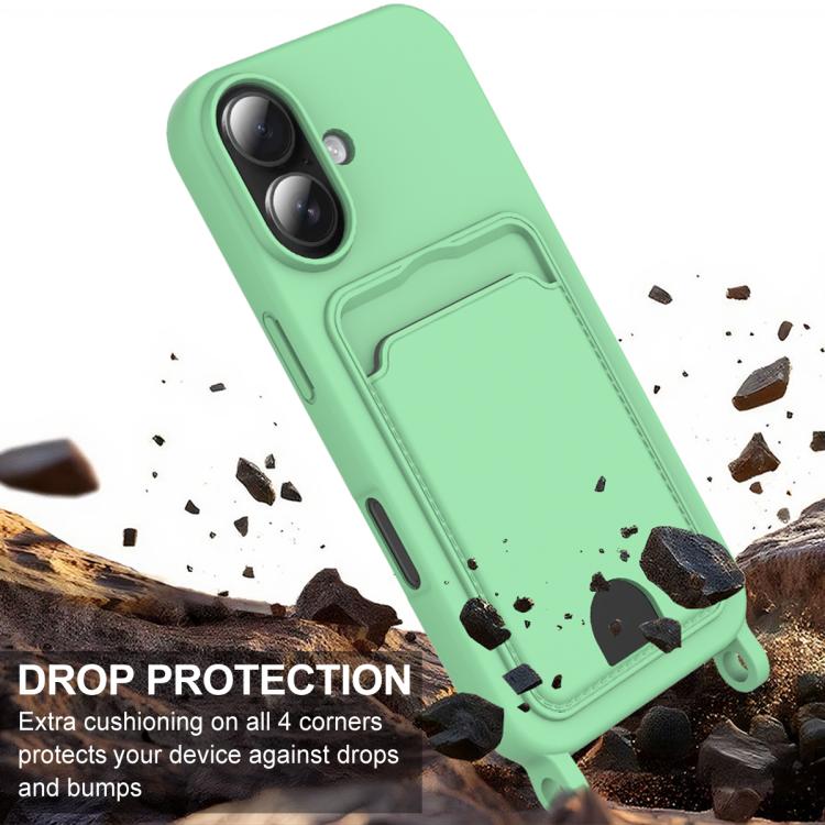 For iPhone 16 Plus Integrated Card Bag Solid Color Liquid Silicone Phone Case Gen2 with Short Lanyard