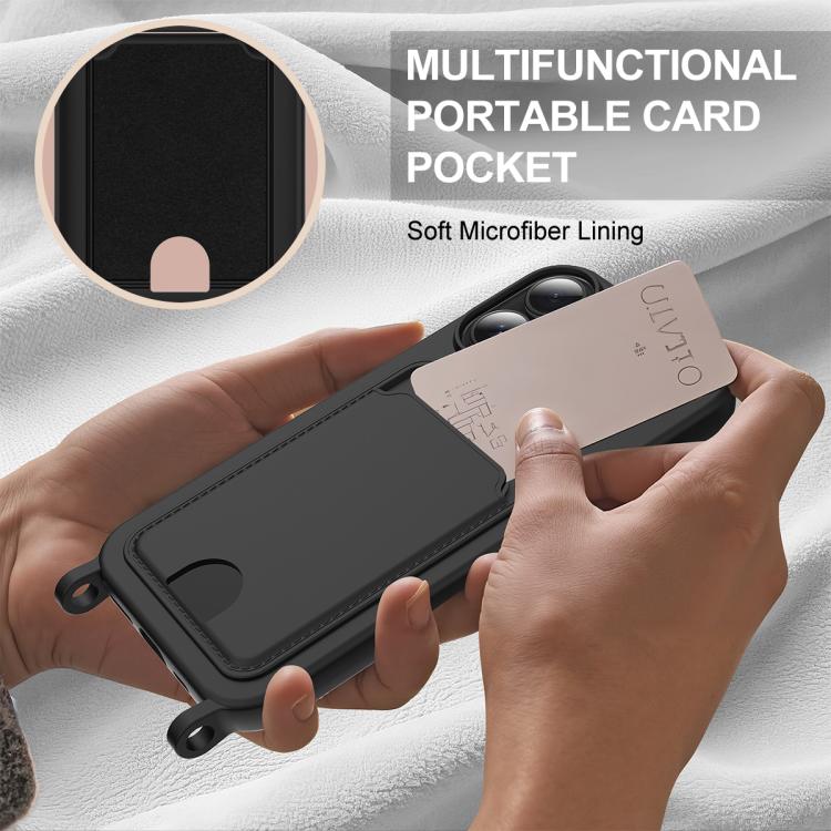For iPhone 16 Plus Integrated Card Bag Solid Color Liquid Silicone Phone Case Gen2 with Short Lanyard