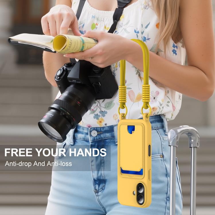 For iPhone 16 Plus Integrated Card Bag Solid Color Liquid Silicone Phone Case Gen2 with Short Lanyard
