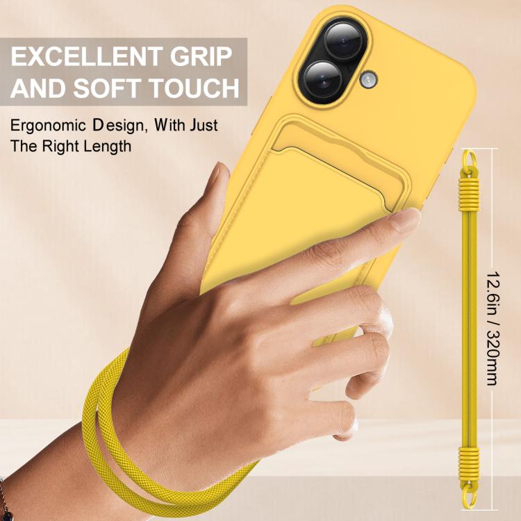 For iPhone 16 Plus Integrated Card Bag Solid Color Liquid Silicone Phone Case Gen2 with Short Lanyard