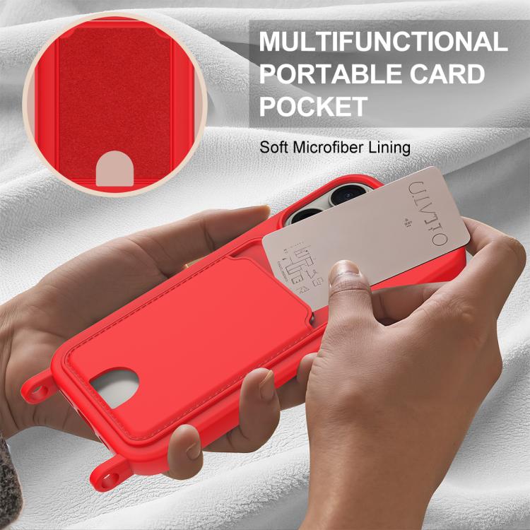 For iPhone 15 Pro Max Integrated Card Bag Solid Color Liquid Silicone Phone Case Gen2 with Short Lanyard