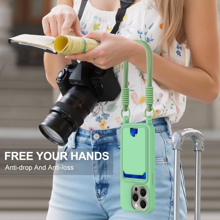 For iPhone 15 Pro Max Integrated Card Bag Solid Color Liquid Silicone Phone Case Gen2 with Short Lanyard