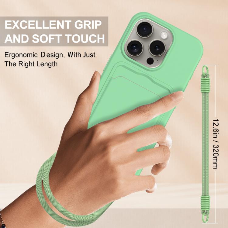 For iPhone 14 Pro Max Integrated Card Bag Solid Color Liquid Silicone Phone Case Gen2 with Short Lanyard