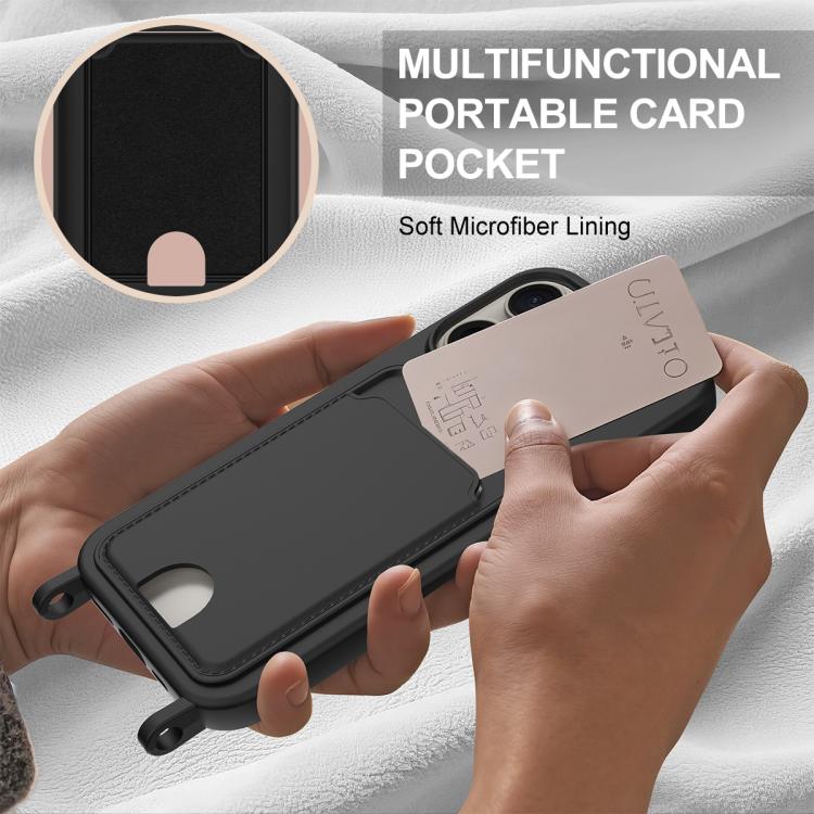 For iPhone 14 Pro Max Integrated Card Bag Solid Color Liquid Silicone Phone Case Gen2 with Short Lanyard
