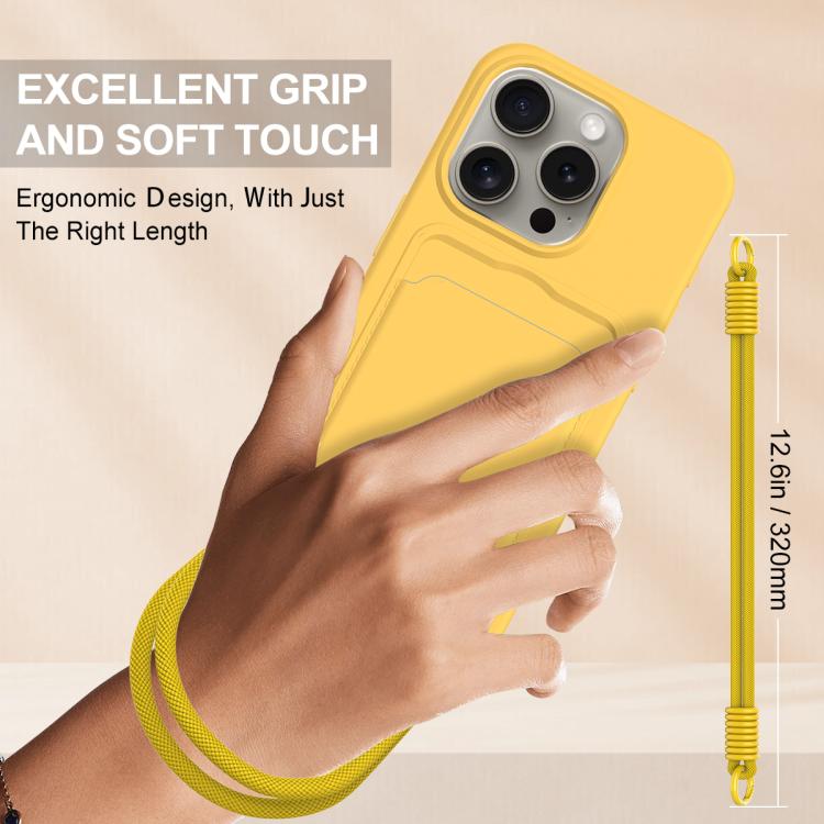 For iPhone 14 Pro Max Integrated Card Bag Solid Color Liquid Silicone Phone Case Gen2 with Short Lanyard