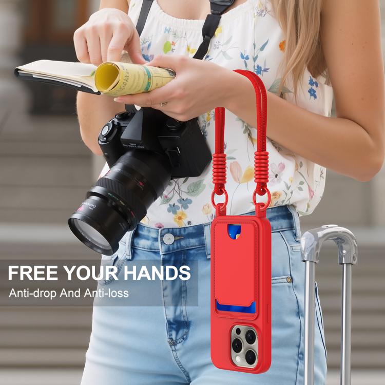 For iPhone 14 Pro Integrated Card Bag Solid Color Liquid Silicone Phone Case Gen2 with Short Lanyard