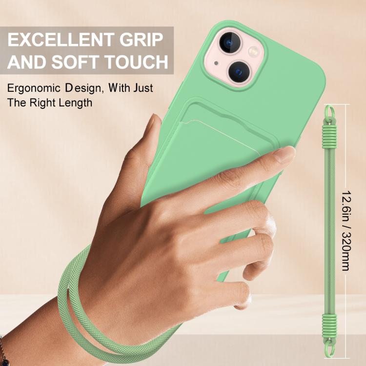 For iPhone 15 Integrated Card Bag Solid Color Liquid Silicone Phone Case Gen2 with Short Lanyard