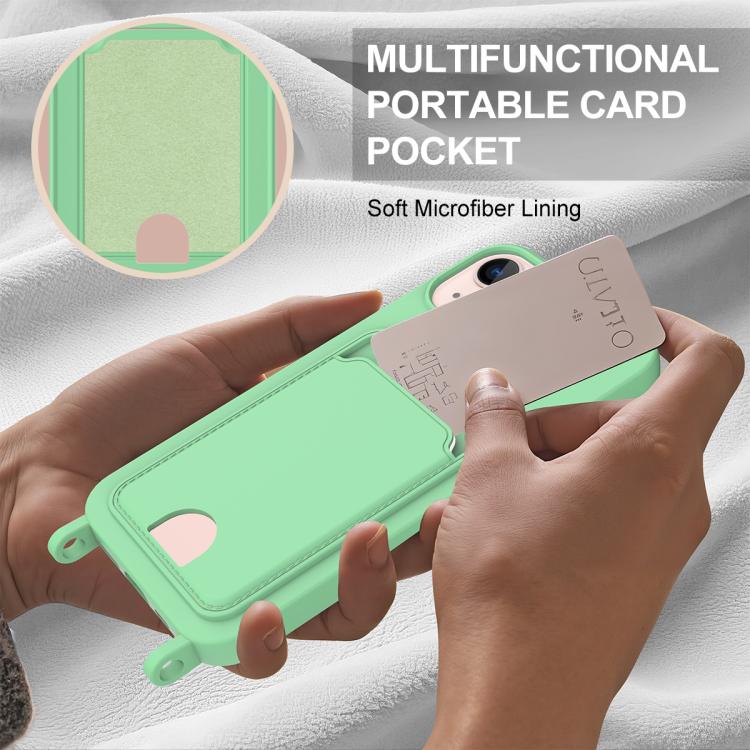 For iPhone 15 Integrated Card Bag Solid Color Liquid Silicone Phone Case Gen2 with Short Lanyard
