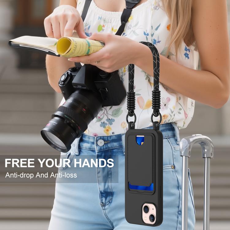 For iPhone 15 Integrated Card Bag Solid Color Liquid Silicone Phone Case Gen2 with Short Lanyard