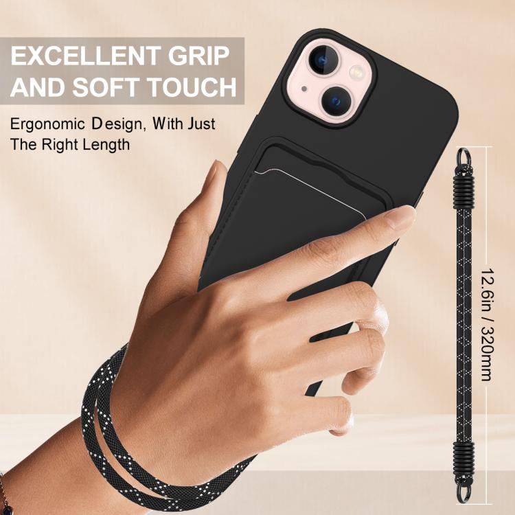 For iPhone 15 Integrated Card Bag Solid Color Liquid Silicone Phone Case Gen2 with Short Lanyard